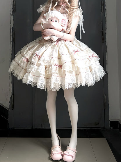 Details Multi-Layered Bow Princess Dress Lace Lolita Apricot Jacquard with
