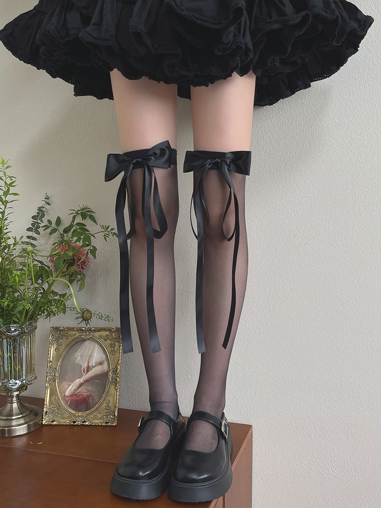 Ribbon Knee Decorated Stockings Bow White/Black Over Sheer Creamy