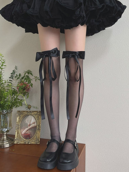 Ribbon Knee Decorated Stockings Bow White/Black Over Sheer Creamy