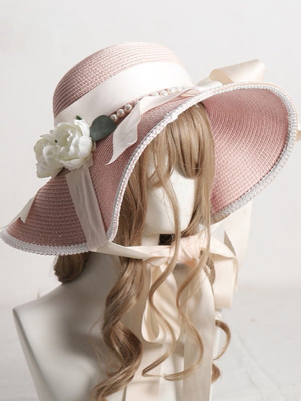 3 Color Options Country Lolita Pearl Floral Wide-Brim Straw Hat