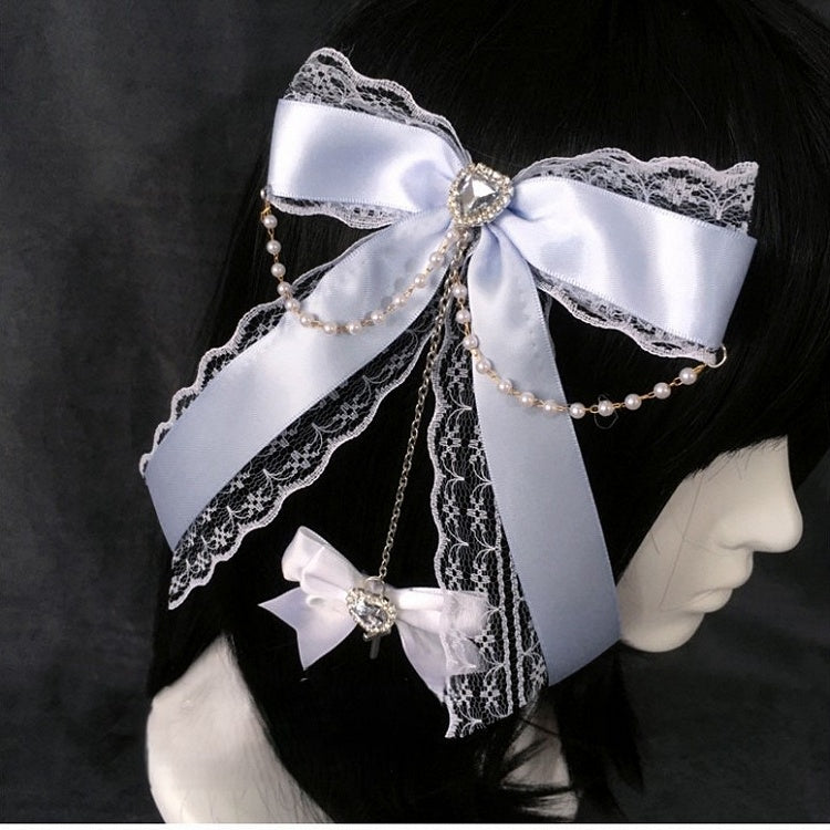 Chain Heart Lace Bow Beads Rhinestone with Hairclip Black/White/Lightblue