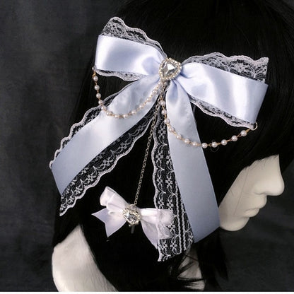 Chain Heart Lace Bow Beads Rhinestone with Hairclip Black/White/Lightblue