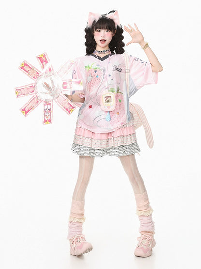Pink Strawberry Print V-Neck Short Sleeve Jersey Tee