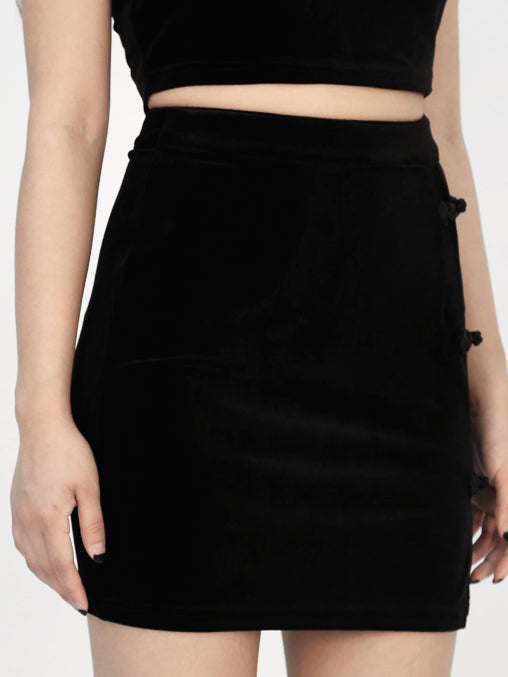 Rock Cheongsam Seite Samt Knöpfe mit Stil Schwarz Frosch Schlitz Mini und