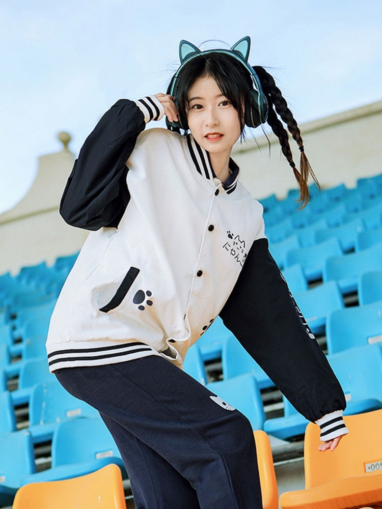 and Doodle with Preppy Cat Jacket White Blue Baseball - Style Paw Print