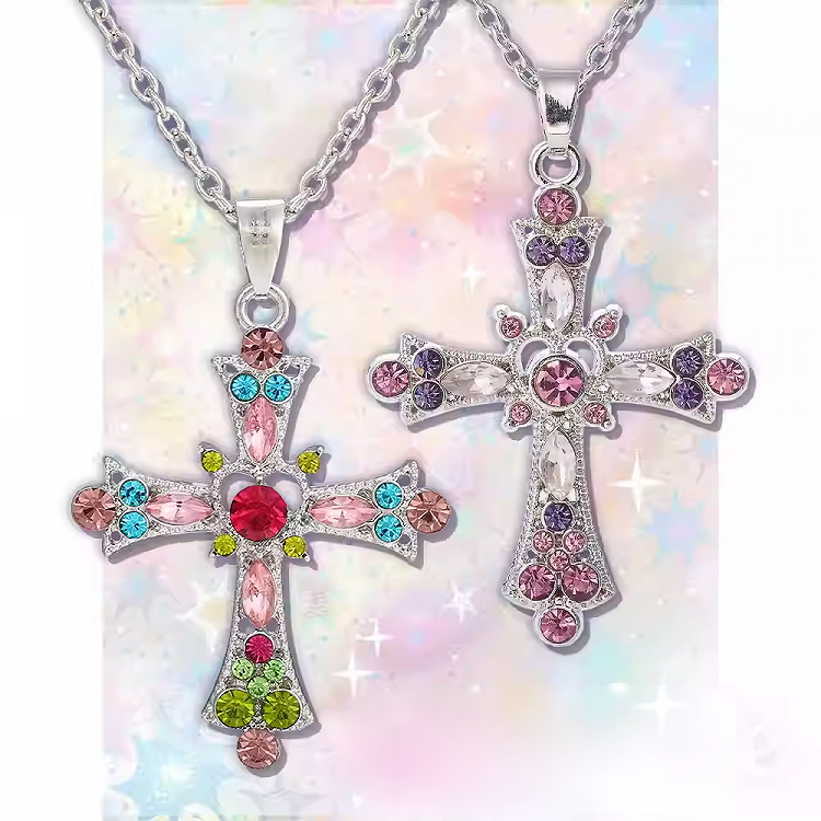 Neon Rainbow/Purple Rhinestone Cross Pendant Chain Necklace