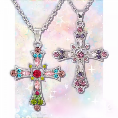 Halskette mit Kreuzanhänger in Neon-Regenbogen/Lila mit Strasssteinen