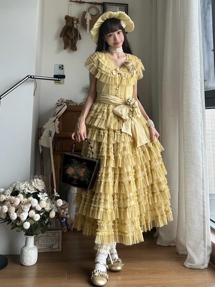 Belt Tulle Yellow Mesh Waist Set - Elegant Skirt + Lolita Vest Cotton Dotted Multi-layered Classic