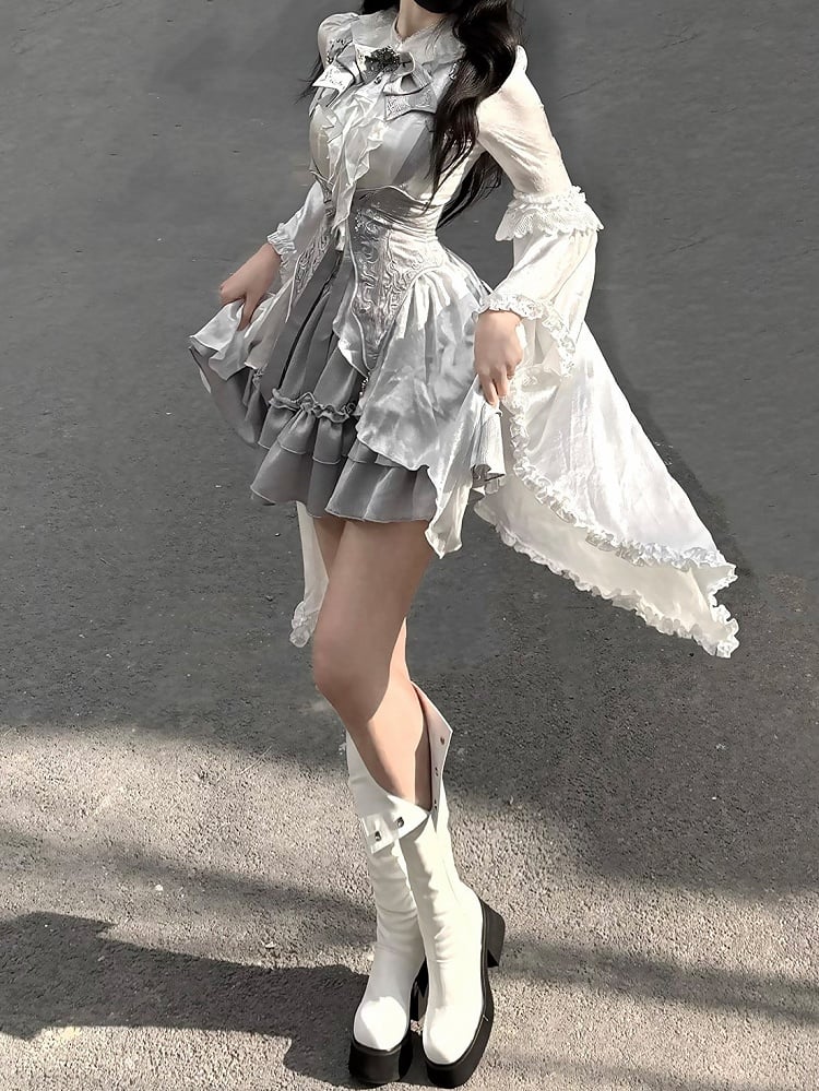 Grey Gothic Lolita Set Bell Sleeves Blouse with Corset Belt - Unknown Star