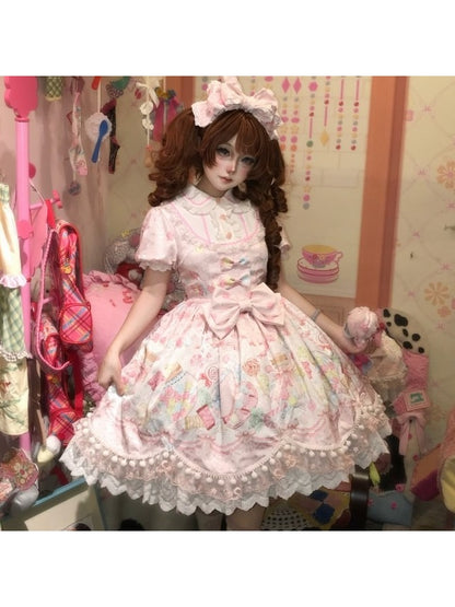 Candy-Printed Pink Sweet Bow Short-Sleeve OP Dress - Inspiration Post