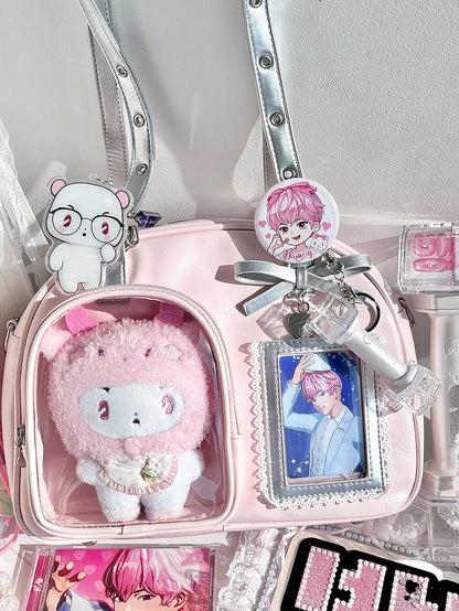 Three Heart Ita - Silver PU Way Carry Details Bag Daily Bow with Pink Kawaii Crossbody/Shoulder/Hand