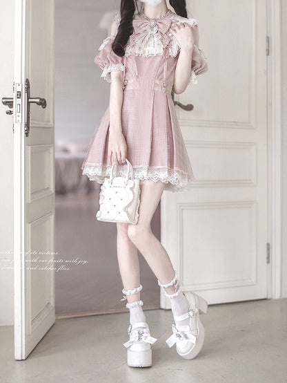 Cutout Neck Kei with Pink Lace Plaid Lace-up Dusty Jirai in Style White Shoulder Dress Details