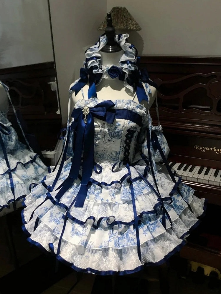Blue & White Porcelain Motif Bridal-Style Princess Gown 82CM - Sleepless Star