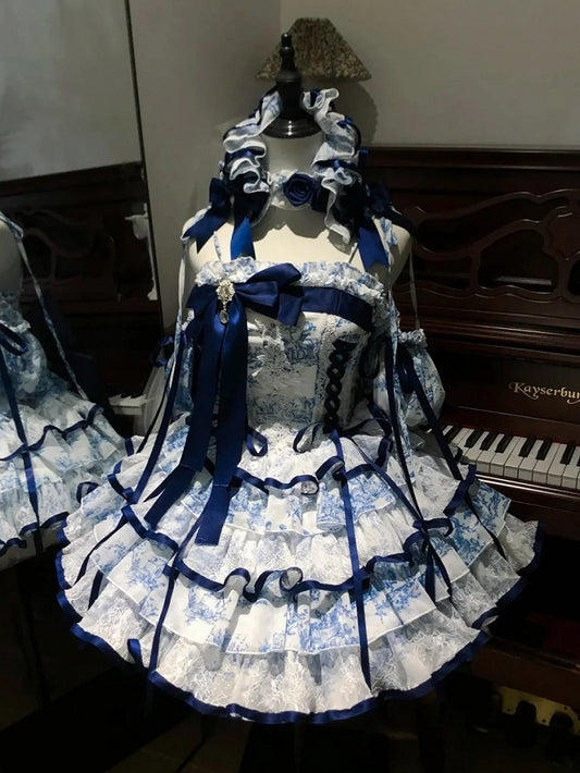 Blue & White Porcelain Motif Bridal-Style Princess Gown 82CM - Sleepless Star
