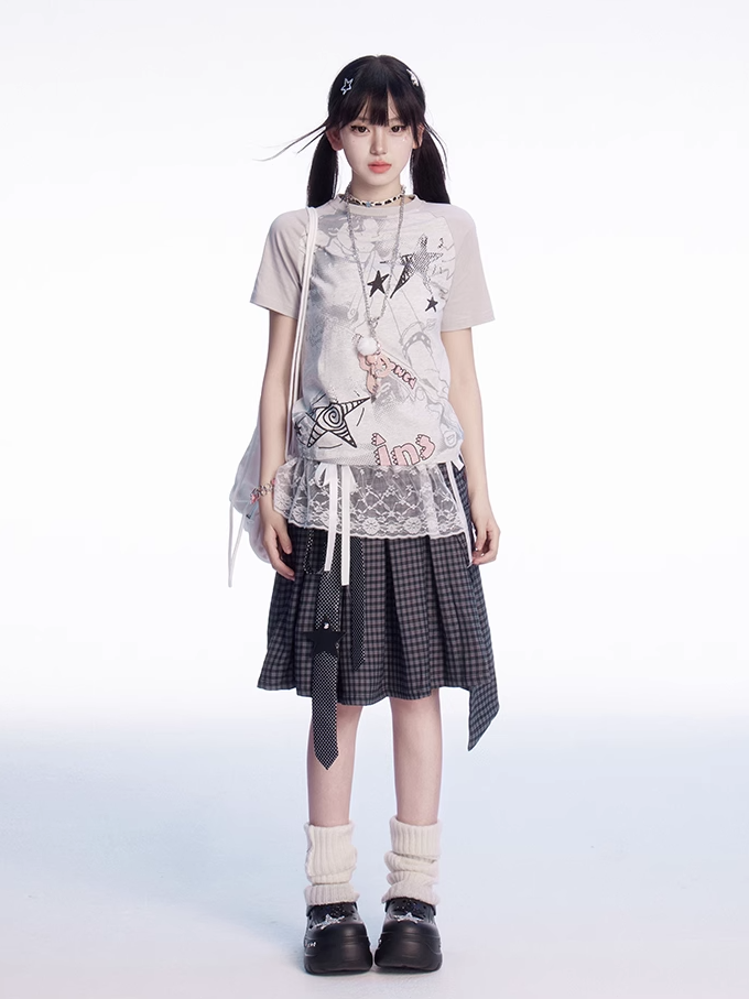 Gray Colorblock Design Y2K Print Slim-fitting T-shirt