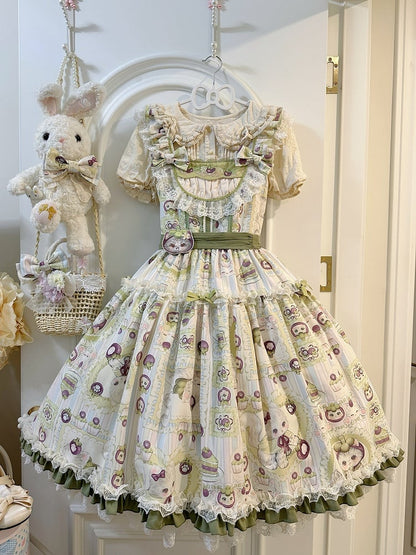 Print and Kitten Jumper Skirt Cream Mangosteen Lolita Green Sweet
