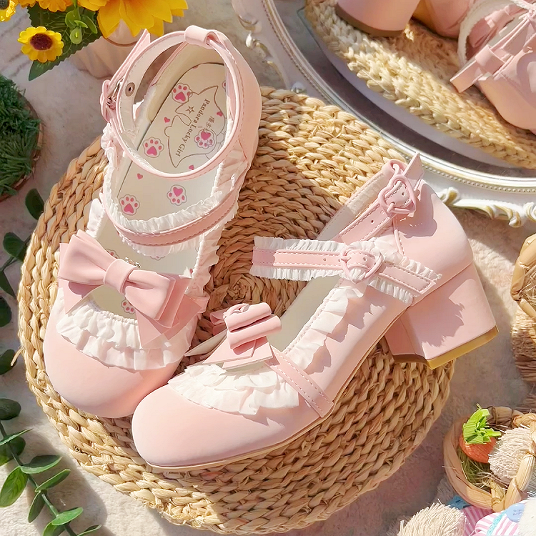 Sweet Lolita Pink Mid Heels with Ruffle Trim & Heart Snap Closure