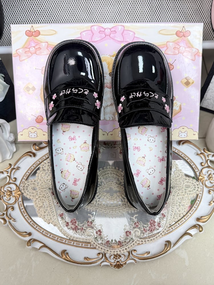 Slip-On Design, Sakura & Japanese Stitching PU Black Low/Mid Heels in Preppy Style
