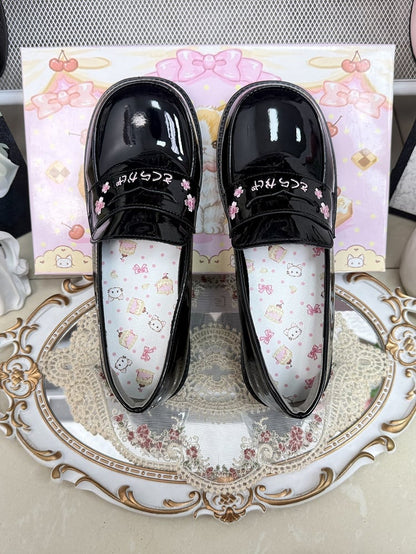 Slip-On Design, Sakura & Japanese Stitching PU Black Low/Mid Heels in Preppy Style