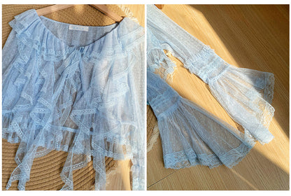 Cascading Top Trim Long Tulle Ruffle Sheer Dotted Blue Sleeves