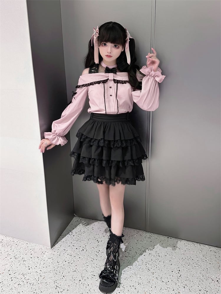 with Pink Bow Black Kei Open Blouse Shoulder Details Jirai Neckline Illusion