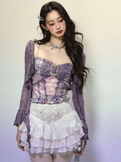 ホワイトレースの花柄ハイウエストティアードミニスカートレースアップディテール