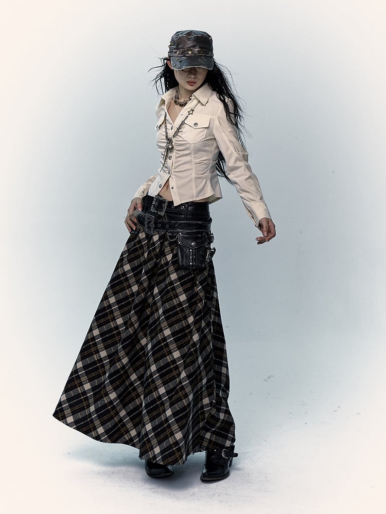 Schwarz-brauner karierter knöchellanger Rock