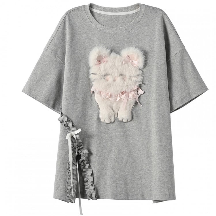 ピンク/グレー ラウンドネック ぬいぐるみ キティ/ベア Tシャツ