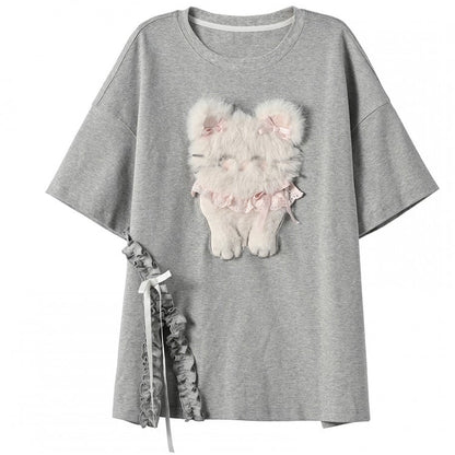 ピンク/グレー ラウンドネック ぬいぐるみ キティ/ベア Tシャツ