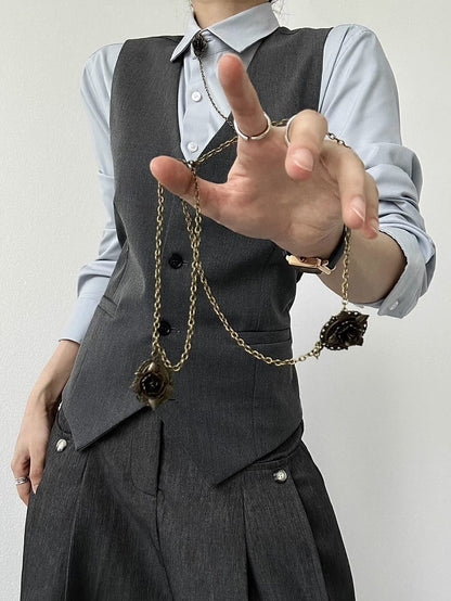 Button-Front  Gray Ouji Lolita Closure V-Neck Vest with Suit