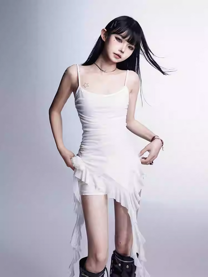 White Asymmetrical Ruffled Cami Dress Mini Hem Glamorous
