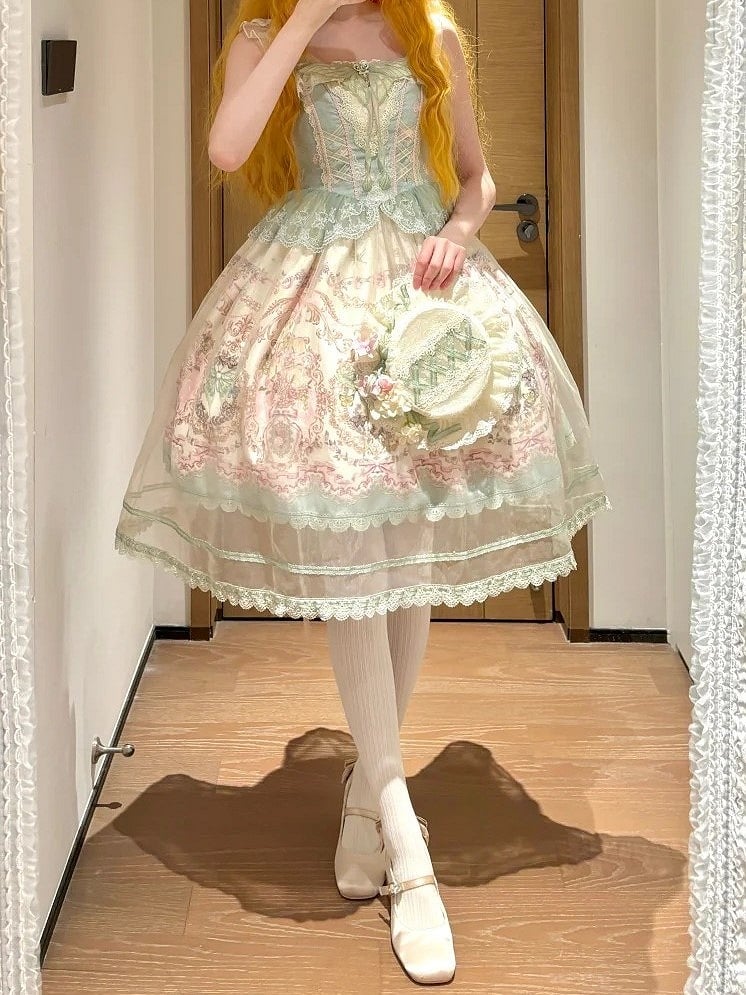 JSK Moth and with Green Pink Overlay Print Floral Dress Lolita Elegant