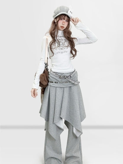 Y2K Neck Sleeve Velvet Pattern Mock Bear With Long T-Shirt White