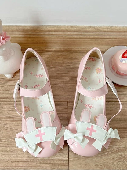 PU Pink Sweet Lolita Mary Janes - Medical Bunny Theme with Bow Accents & Velcro Strap Closures