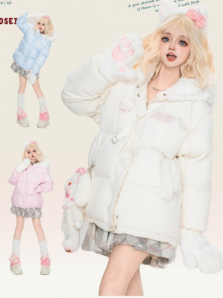 Weiße/rosa/hellblaue Kätzchen-Plüsch-Kapuzenjacke mit dicker Kapuze