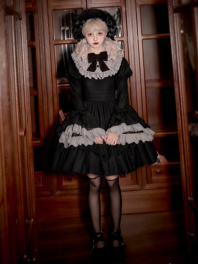 Black and Gray Peter Pan Collar Juliette Sleeves and Bell Cuffs Lolita Dress
