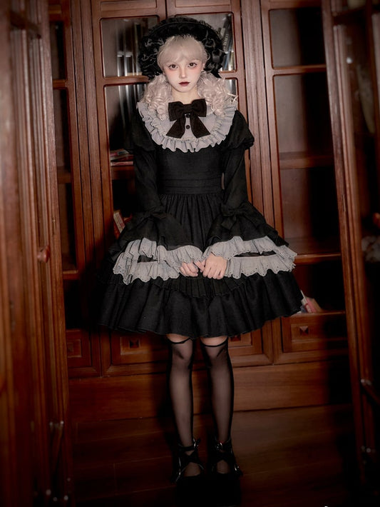 Black and Gray Peter Pan Collar Juliette Sleeves and Bell Cuffs Lolita Dress