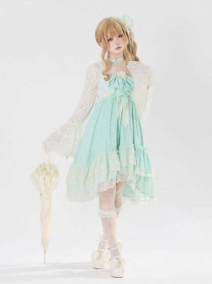 Polka Dot Bow Asymmetric Hem JSK Dress with Lace Choker - Tan Tuan