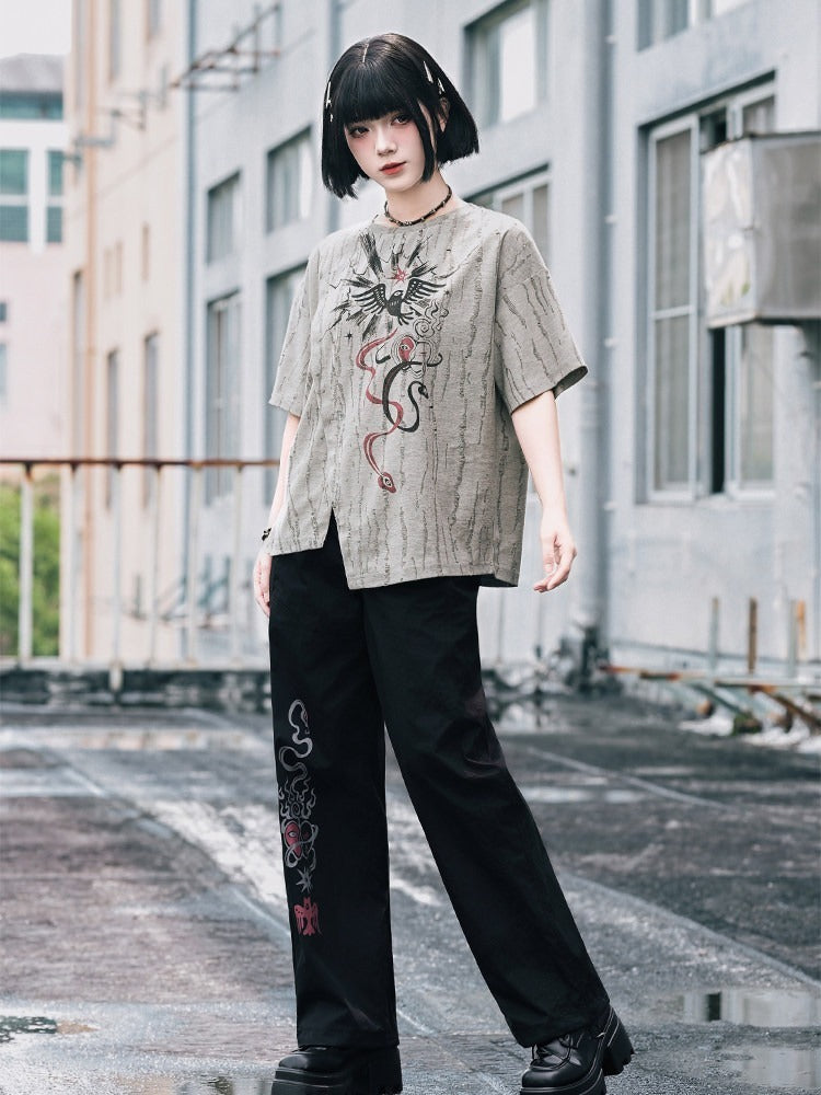 Gray Asymmetrical Short Sleeve T-Shirt with Print & Distress - Quirky Hut