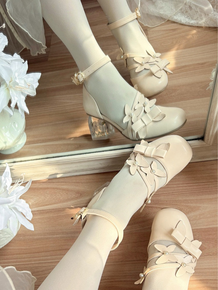 Decorative - Lolita Mid Heel Shoes Bow Classic in Apricot