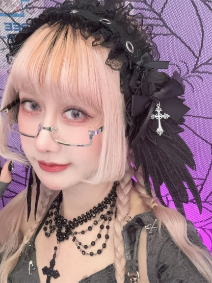 ブラック/ホワイトクロスウィングレーストリムゴシックロリータヘアバンド