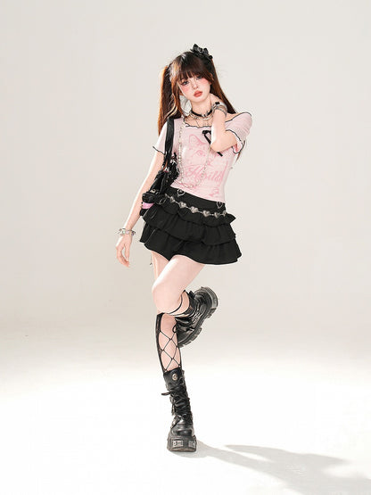 Back T-Shirt Glamorous Black/Pink Cat Print Square Neck Butterfly Design