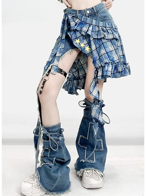 ウォーマー + ブループリント裾ショーツ グラマラスパターン ビタースイート アシンメトリースターセット - チェック柄アップリケスカート レッグクロス