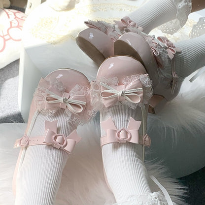 Lolita Toe Janes - Mary Pink Bow Lace Top Mid-heel Trim Round at Sweet
