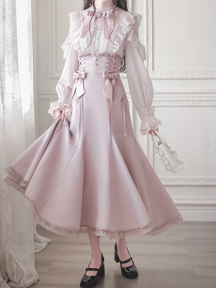 Light Pink Skirt Detail Mermaid Lace Lace-Up Trim and with High-Waisted