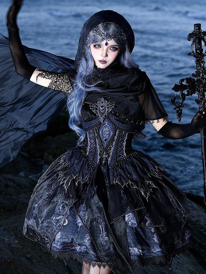 Black & Blue Bone Dragon Embroidery Halter Neck Gothic Lolita Dress Set - Ying Luo Fu
