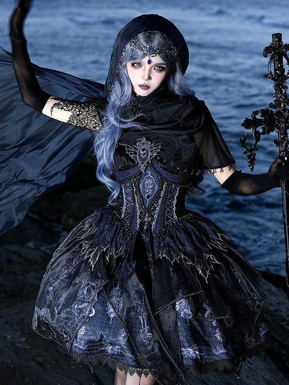 Black & Blue Bone Dragon Embroidery Halter Neck Gothic Lolita Dress Set - Ying Luo Fu