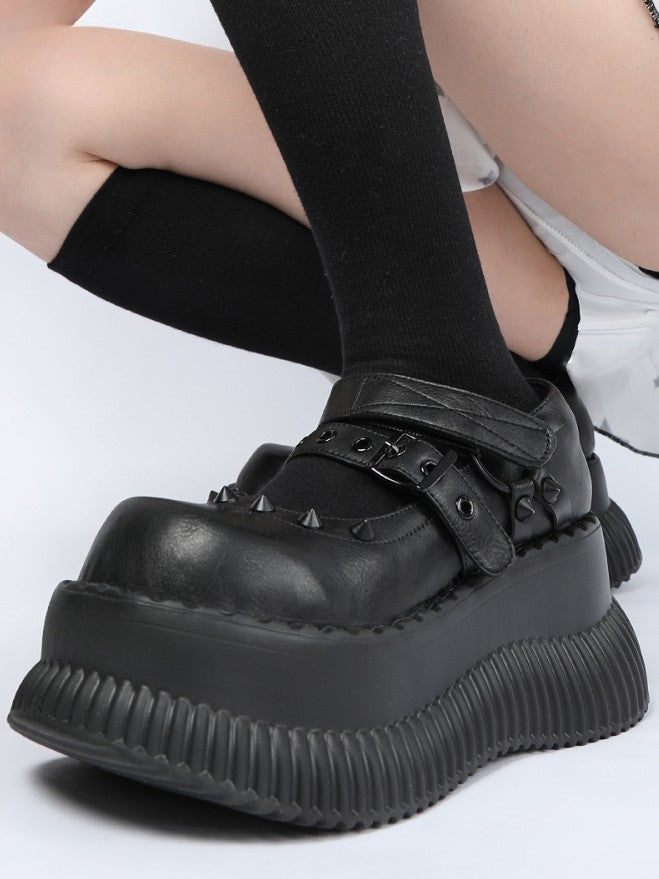 Style Straps Jane Shoes Punk Details and Studs Mary in Black Velcro with Platform Buckle