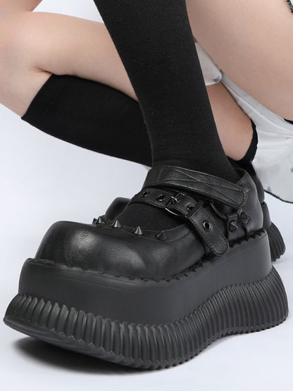 Style Straps Jane Shoes Punk Details and Studs Mary in Black Velcro with Platform Buckle