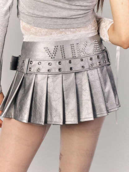 Silver Skirt Mini Pleated Studded PU Metal Rings with Lettering